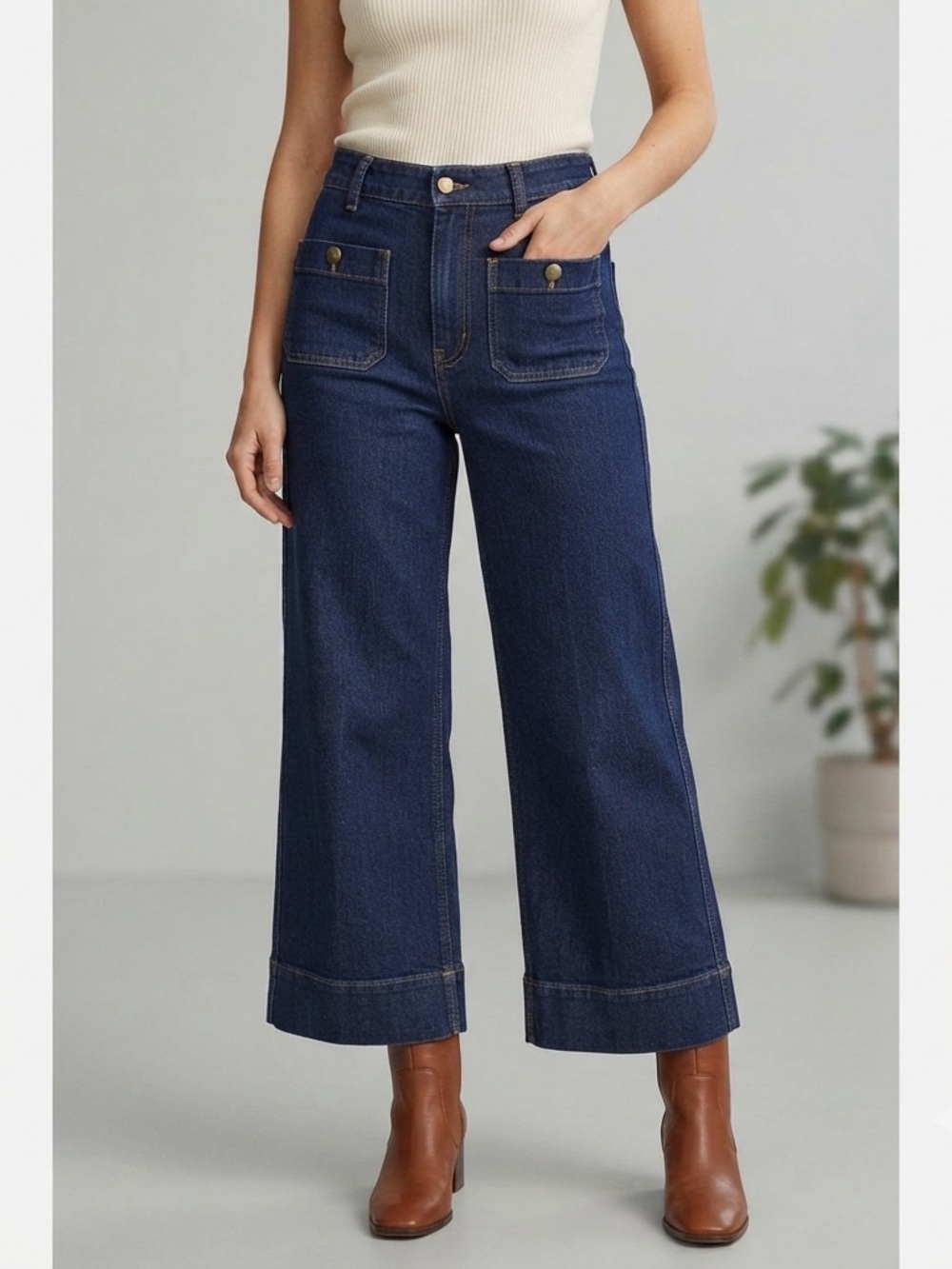 H&M Dark Wash Wide Leg Hi Rise Utility Crop Jeans Sz 8. Patch Pockets Denim. EUC